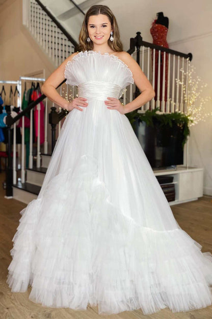 Vestido de fiesta largo de tul rosa con capas y sin tirantes, corte A