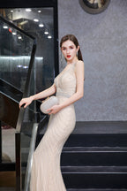 BMbridal Luxurious Beaded Mermaid Prom Dress Sleeveless V Neck Tulle Gown