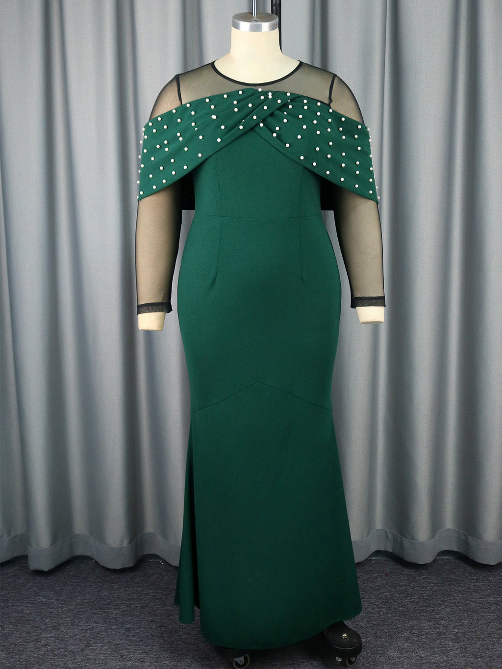 Young See Through Sleeve High Waisted Beaded Evening Dress