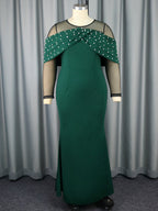 Young See Through Sleeve High Waisted Beaded Evening Dress