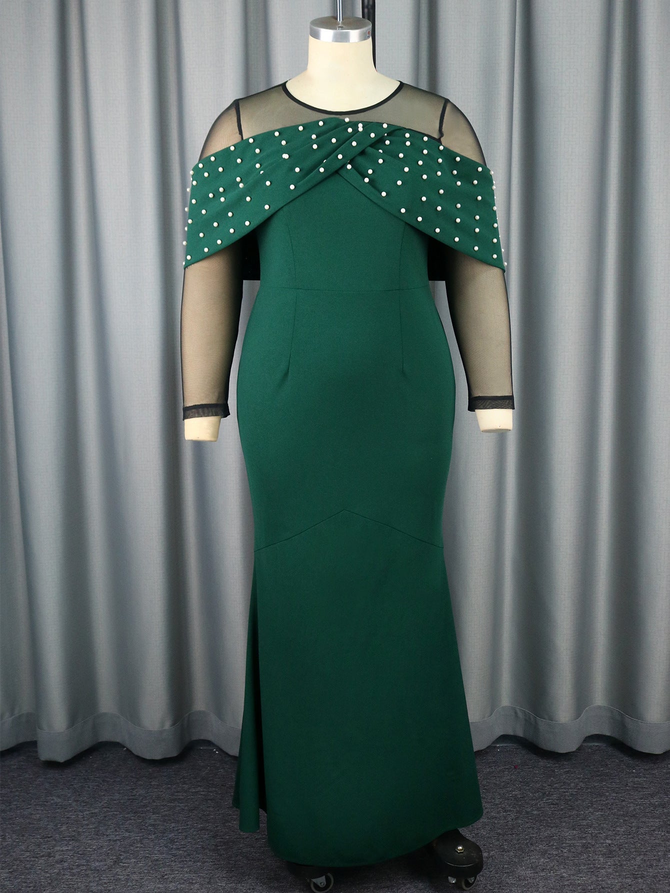 Young See Through Sleeve High Waisted Beaded Evening Dress