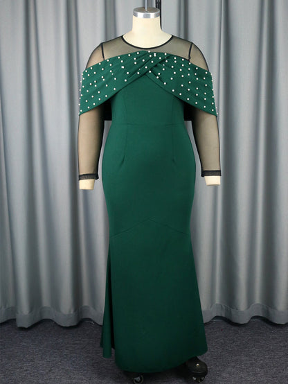 Young See Through Sleeve High Waisted Beaded Evening Dress