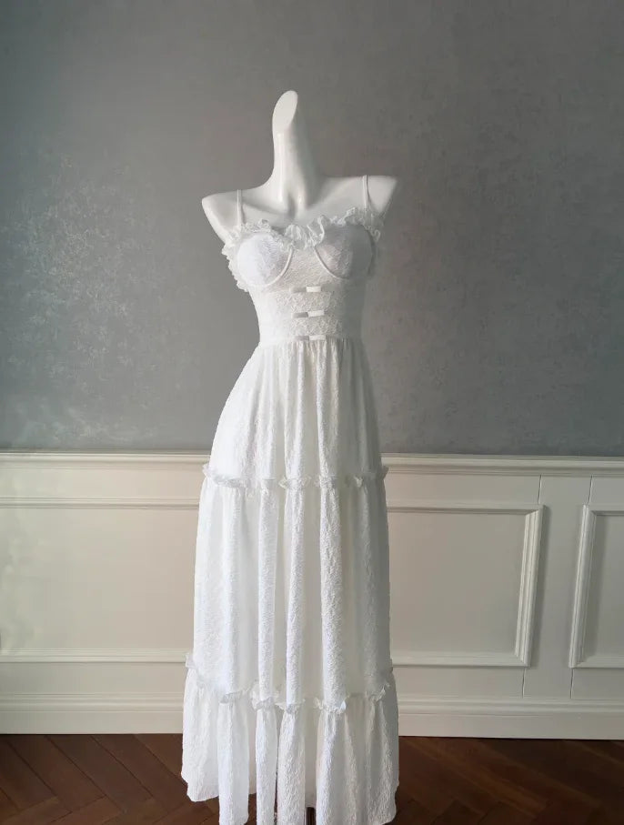 Abito da sera bianco semplice in raso con scollo a cuore, linea a trapezio, spalline sottili Y8574
