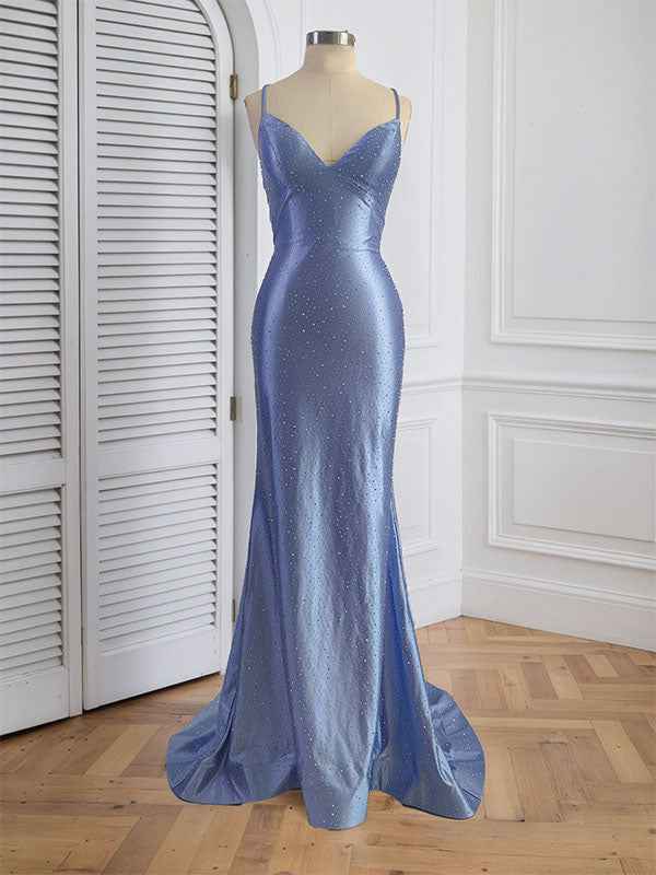 Light Blue Mermaid Prom Dress Rhinestone V Neck