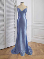 Light Blue Mermaid Prom Dress Rhinestone V Neck