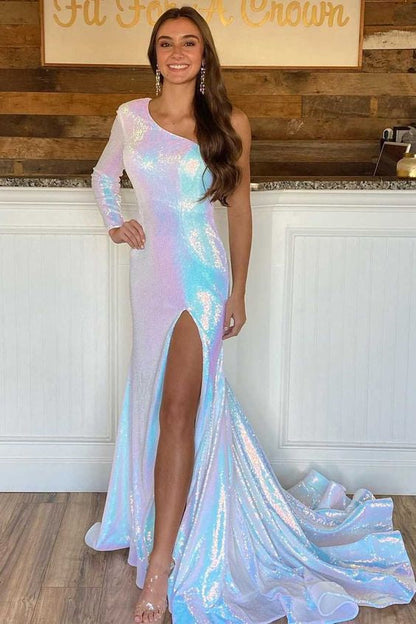 Stunning Long Sleeves Mermaid One Shoulder Prom Dresses with High Split