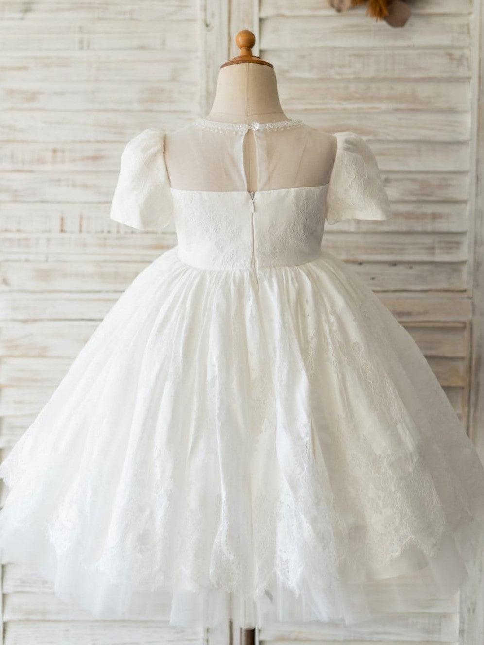 Lace First Communion Flower Girl Dress With Beading And Zip Back Scoop Neck