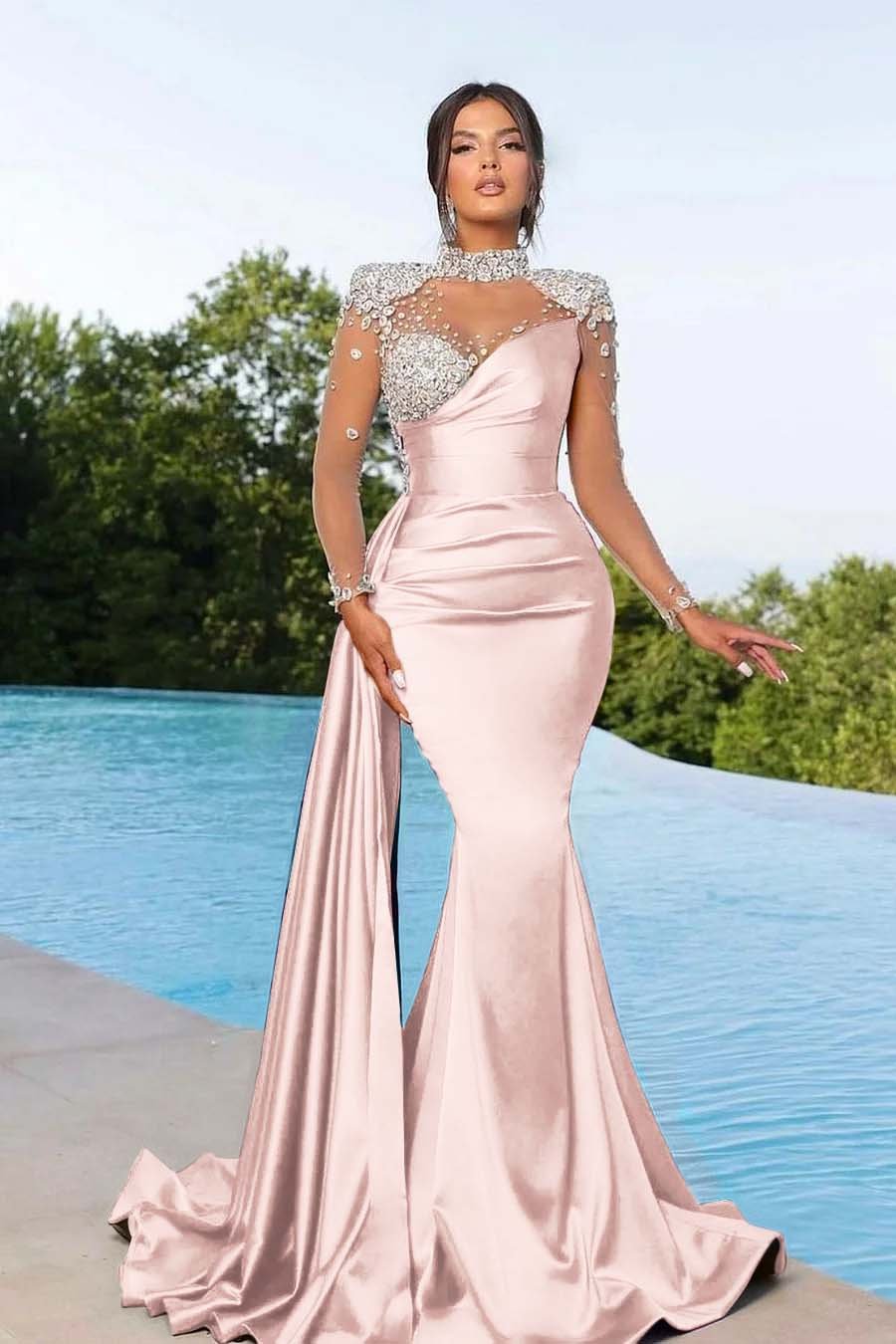 Bmbridal Purple Long Sleeves Mermaid Ruffle Gown With Crystals