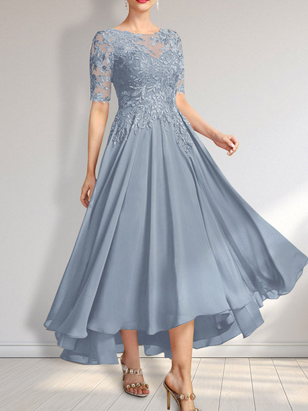 Robe de mère de la mariée en mousseline et dentelle asymétrique illusion à encolure dégagée, coupe en A, ornée de paillettes
