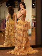 Goldene Prinzessin A-Linien Korsett-Abendkleid mit Spitzenvolants und schulterfreiem Ausschnitt