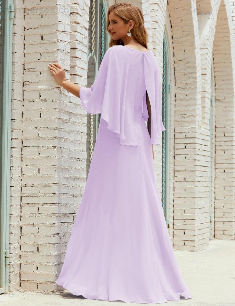 Abito da Damigella Donna Manica Lunga Scollatura a V Chiffon Abito da Cerimonia Matrimonio Festa 28018