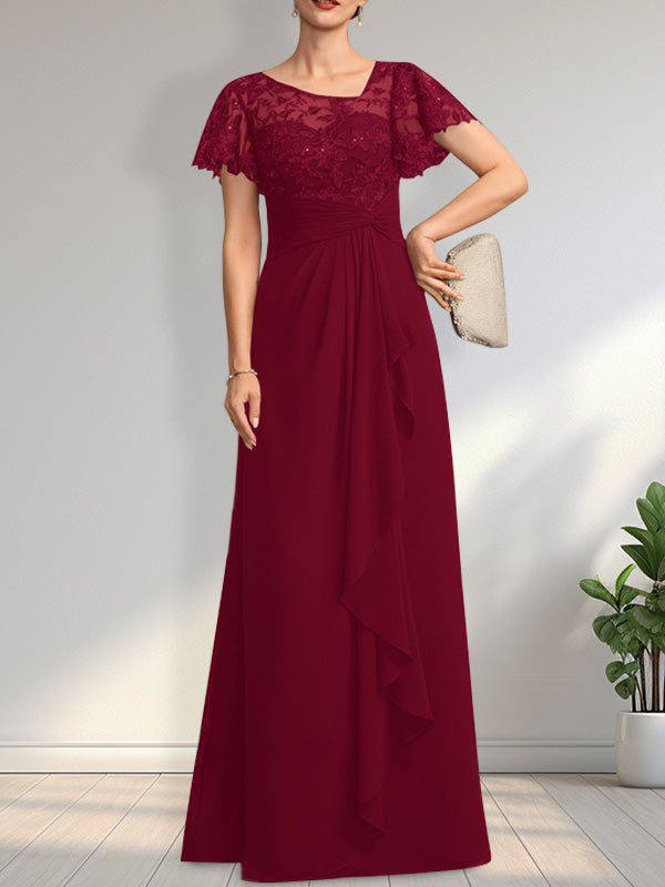 Robe de mère de la mariée en dentelle et mousseline, longueur au sol, illusion asymétrique en ligne A, avec volants en cascade et paillettes