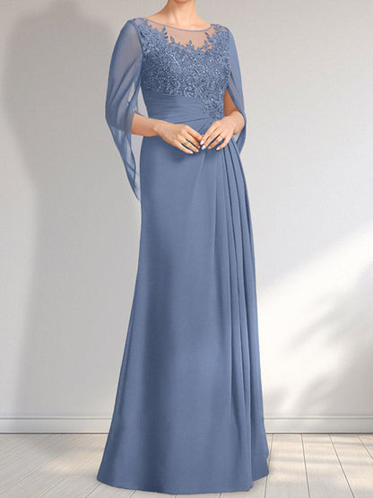 A-Linie, U-Ausschnitt, Illusion, bodenlanges Chiffon-Kleid für die Brautmutter mit plissierten Pailletten