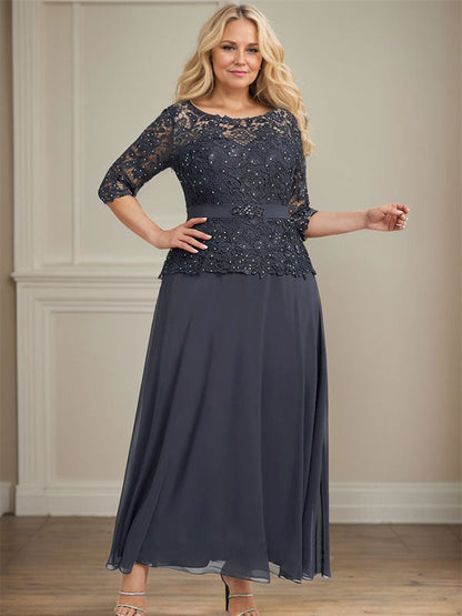 A-Linie, U-Ausschnitt, Illusion, knöchellang, Chiffon, Spitze, Kleid für die Brautmutter mit Strass-Perlen 