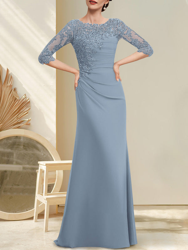 Robe de mère de la mariée en mousseline et dentelle, longueur au sol, en ligne A, décolleté en U, ornée de perles et de paillettes plissées