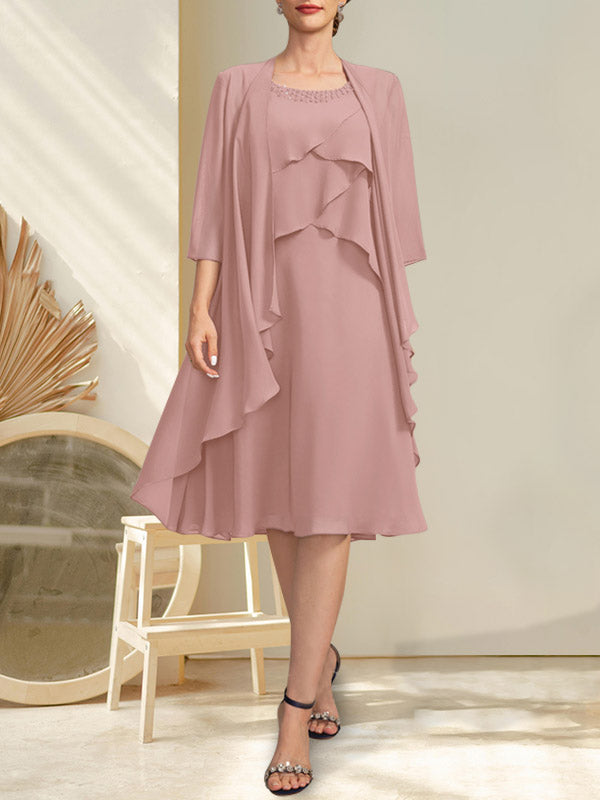 A-Linie U-Ausschnitt Knielang Chiffon Kleid für die Brautmutter mit Perlenbesatz