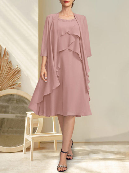 A-Linie U-Ausschnitt Knielang Chiffon Kleid für die Brautmutter mit Perlenbesatz
