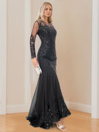 Long Sleeve Scoop Neck Mermaid Trumpet Mother Of The Bride Dress With Applique