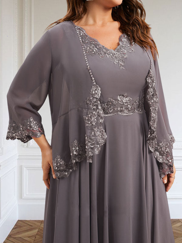 Robe de mère de la mariée en mousseline, ligne A, col en V, longueur cheville, ornée de paillettes, appliques en dentelle et perles