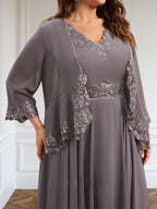 Robe de mère de la mariée en mousseline, ligne A, col en V, longueur cheville, ornée de paillettes, appliques en dentelle et perles