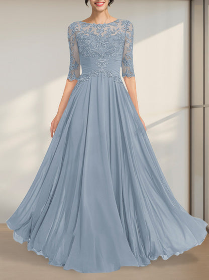 A-Linie, U-Ausschnitt, Illusion, bodenlanges Chiffon-Spitzenkleid für die Brautmutter mit plissierten Pailletten