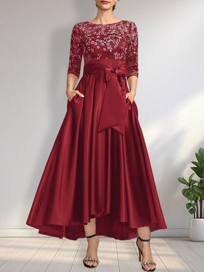 A-Linie U-Ausschnitt Illusion Asymmetrisch Satin Spitze Mutter der Braut Kleid mit Schleife