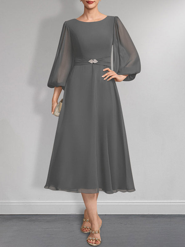 A-Linie U-Ausschnitt Wadenlang Chiffon Mutter der Braut Kleid Mit Kristall Brosche Plissee