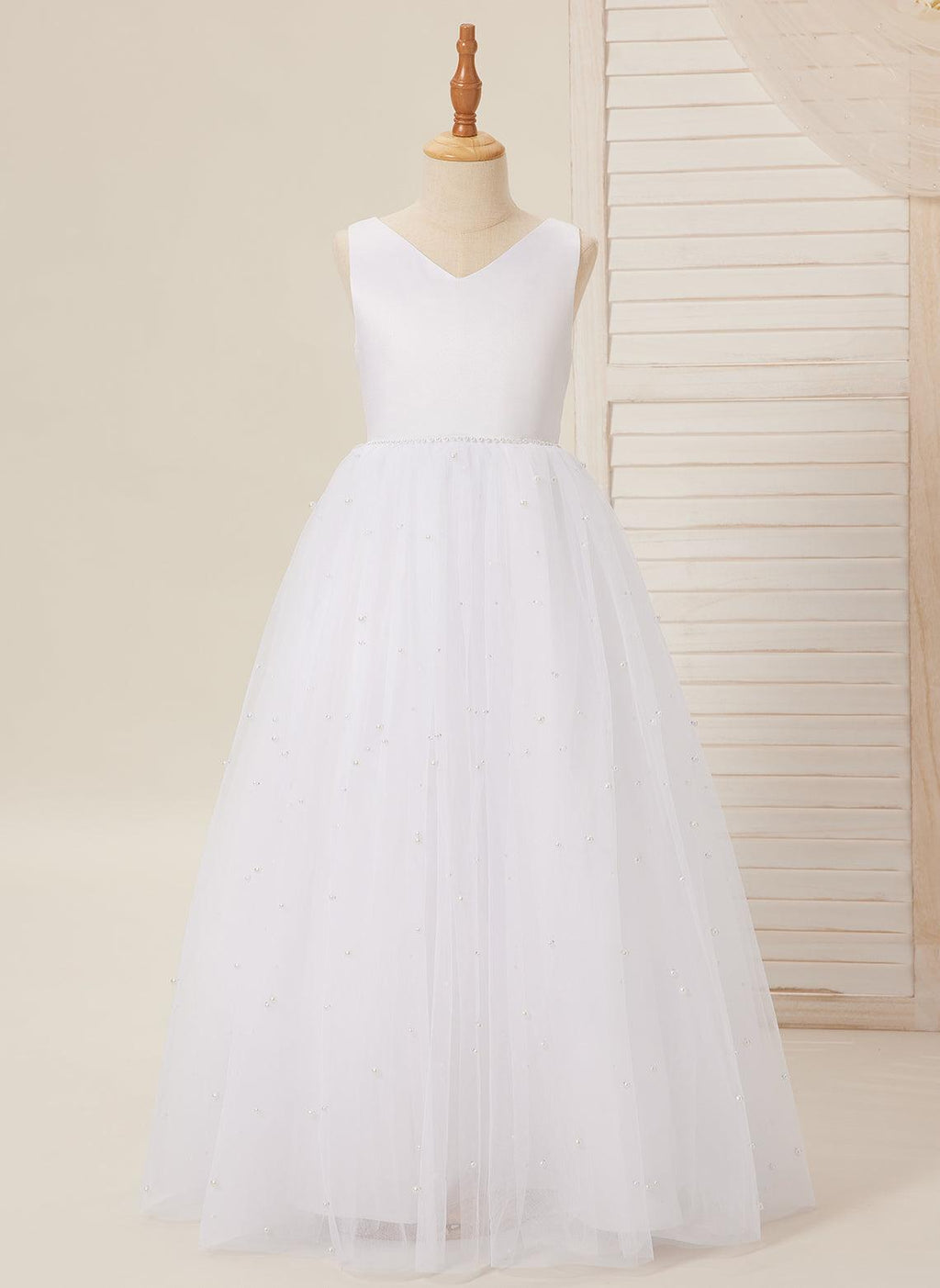 Floor Length V Neck Satin Tulle Princess Flower Girl Dress