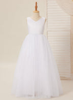 Floor Length V Neck Satin Tulle Princess Flower Girl Dress