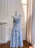 Abito da sera lungo in raso Fairy Blue a linea ad A Y8576
