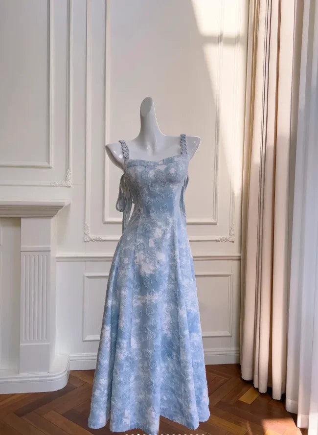 Abito da sera lungo in raso Fairy Blue a linea ad A Y8576