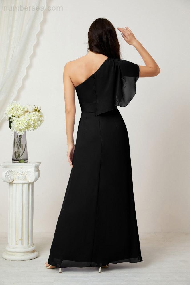 Abito da Sera Formale A-line con Spalla Singola e Balze in Chiffon, Spacco Laterale, per Damigelle, Modello 2809