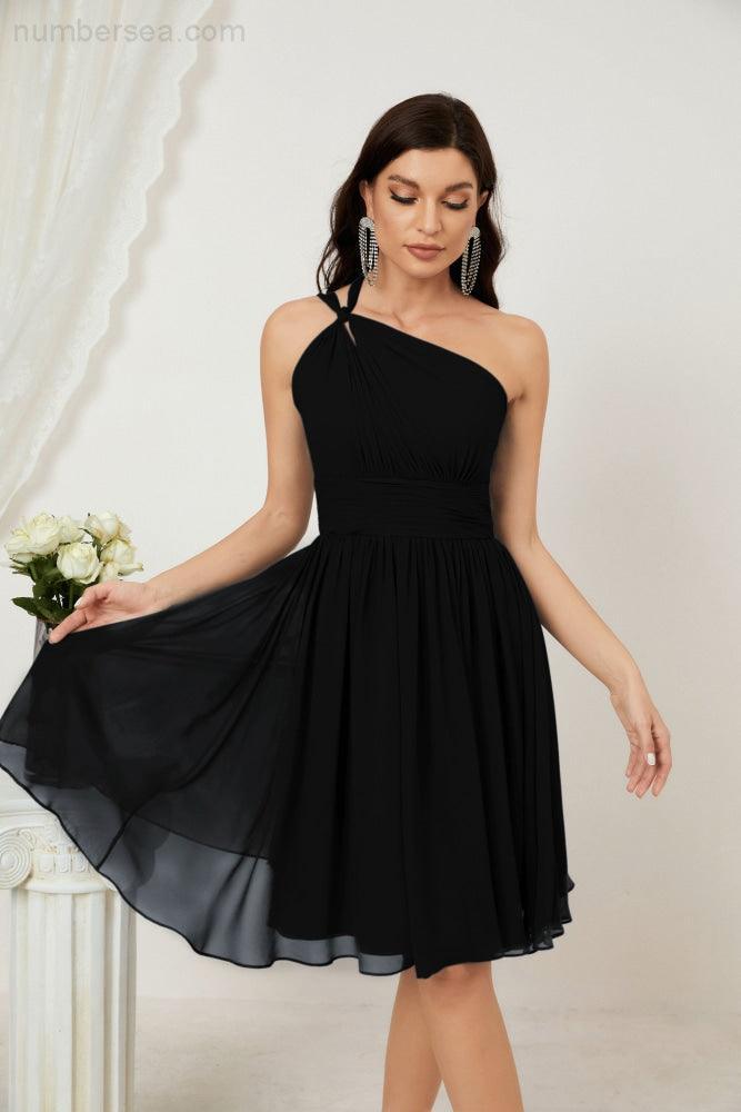 Numbersea Damen Chiffon Kurzes Ein-Schulter Brautjungfernkleid Festliche Kleider für Feier Heimkehr 2804