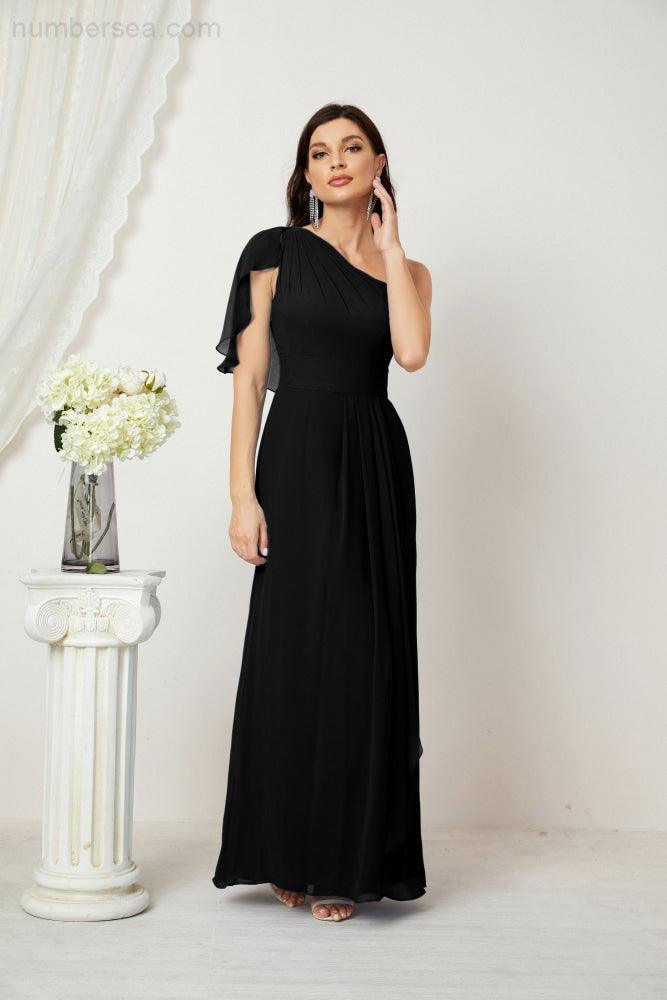 Abito da Sera Formale A-line con Spalla Singola e Balze in Chiffon, Spacco Laterale, per Damigelle, Modello 2809