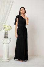 Abito da Sera Formale A-line con Spalla Singola e Balze in Chiffon, Spacco Laterale, per Damigelle, Modello 2809