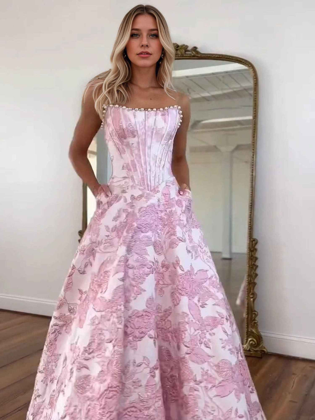3d Floral Strapless Beaded Evening Prom Dress