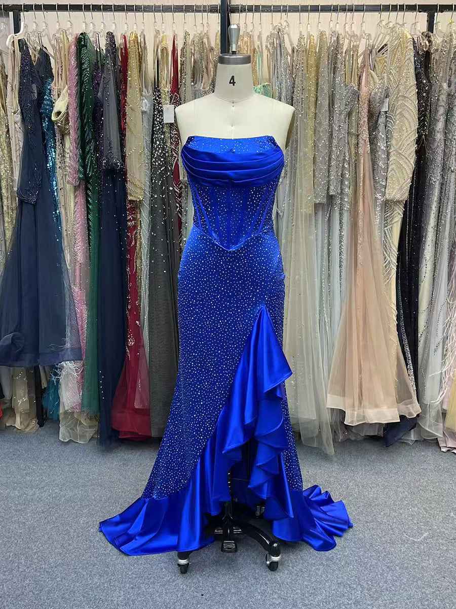 Royal Blue Mermaid Strapless Corset Prom Dress With Rhinestones And Ruffle Slit