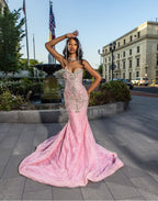 Blush Pink Mermaid Gown With Crystal Beaded And Tulle Overskirt