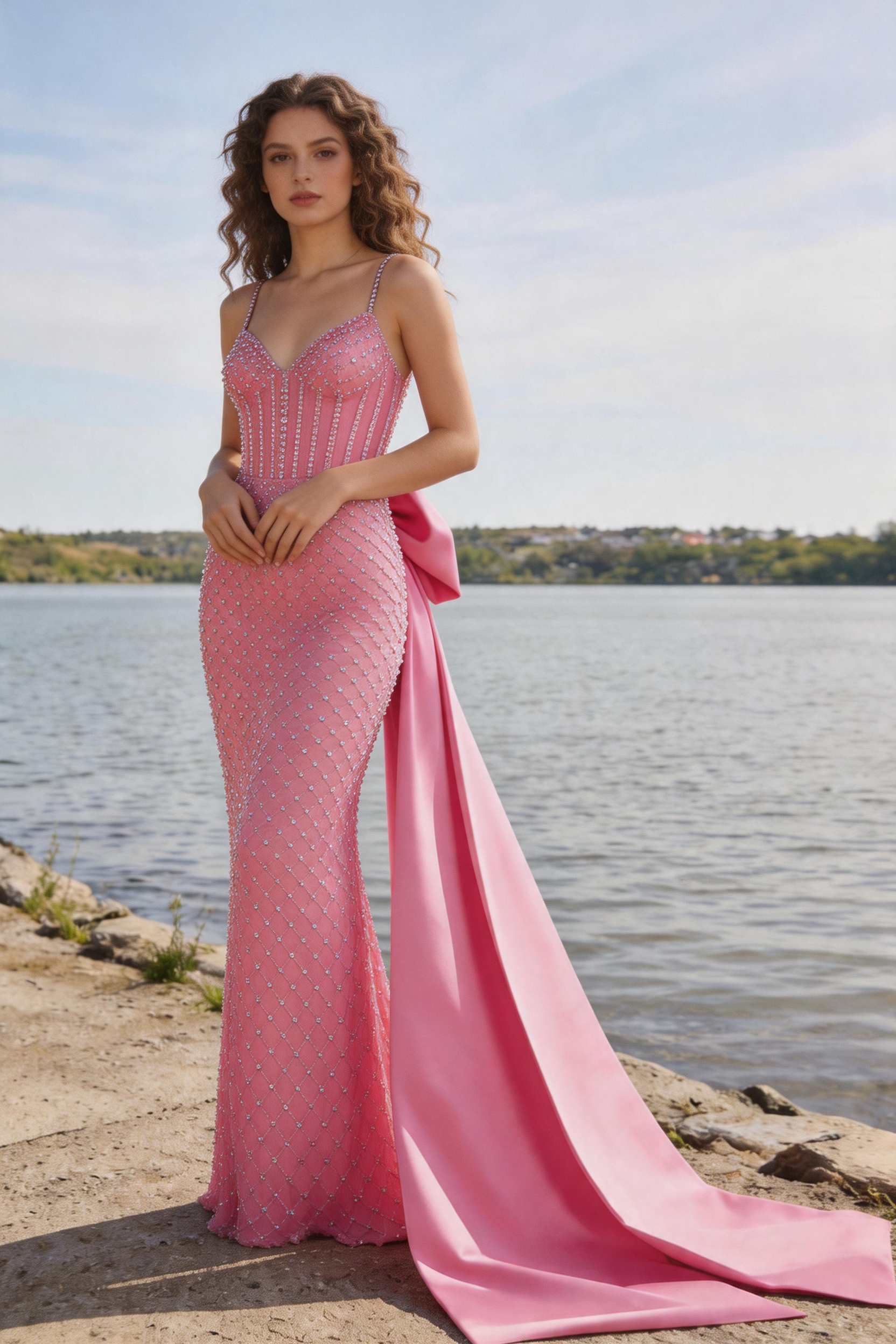 Blush Pink Crystal Mermaid Gown With Corset Bodice And Satin Bow Train