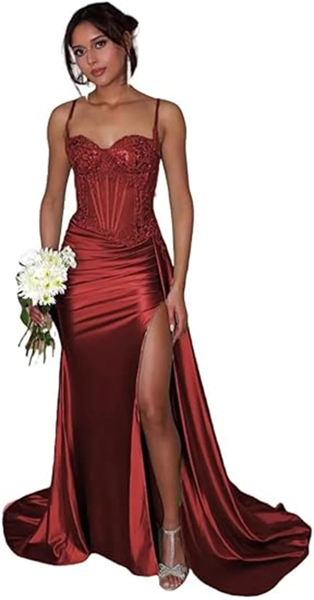 Vestido de Baile Verde-Sálvia Cetim Sereia | Vestido de Noite com Corpete de Renda e Contas, com Fenda