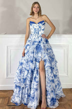 Floral Blue A Line Corset Tiered Long Chiffon Prom Dress With Slit