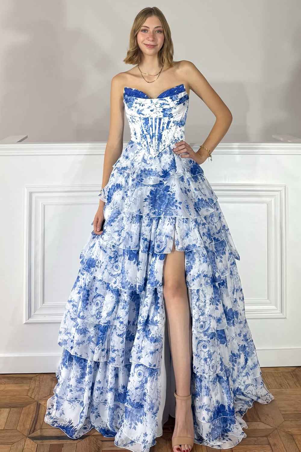 Floral Blue A Line Corset Tiered Long Chiffon Prom Dress With Slit