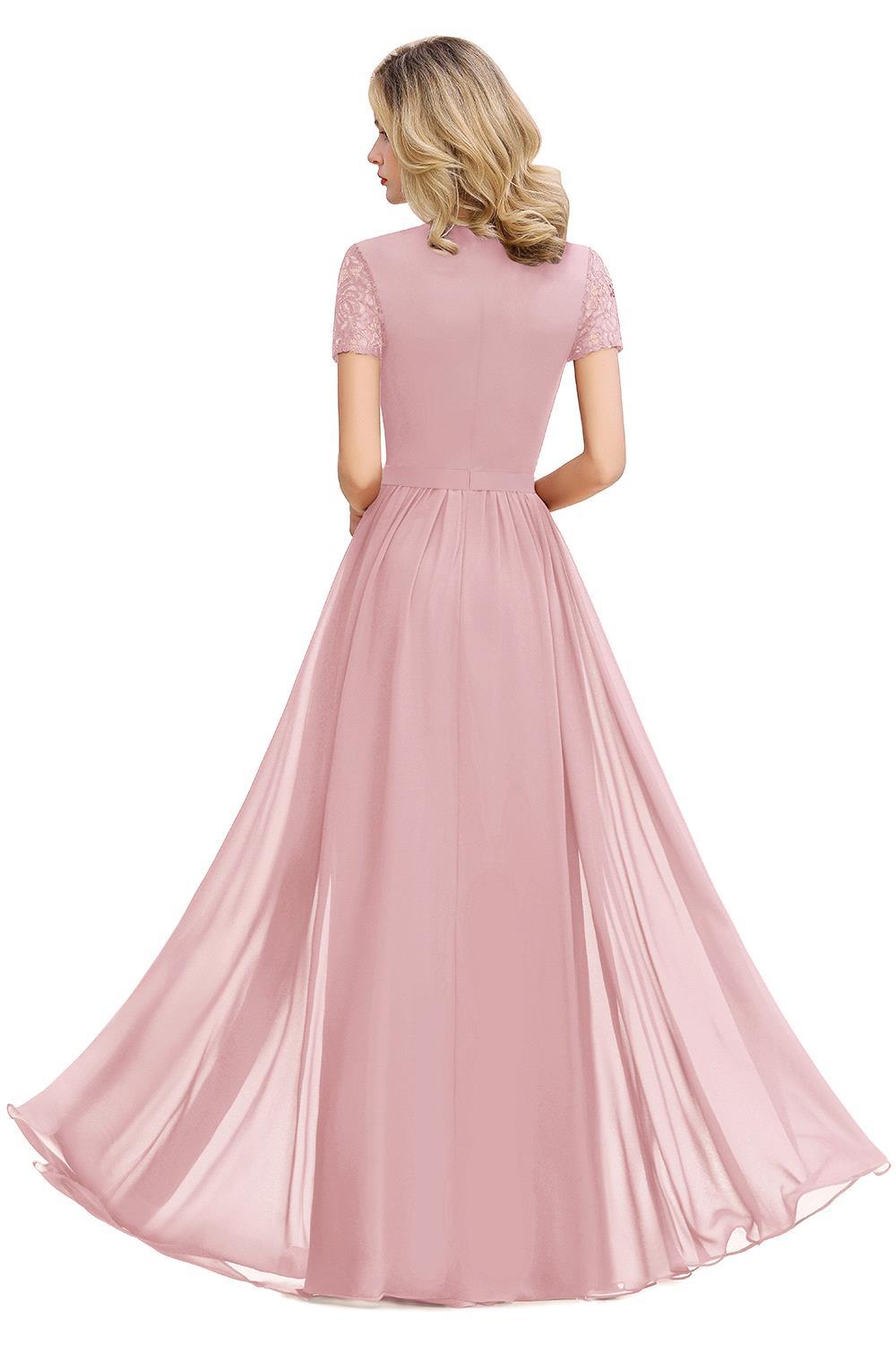 Chic A Line Chiffon Lace Bridesmaid Dress With Short Sleeves Empire Waist