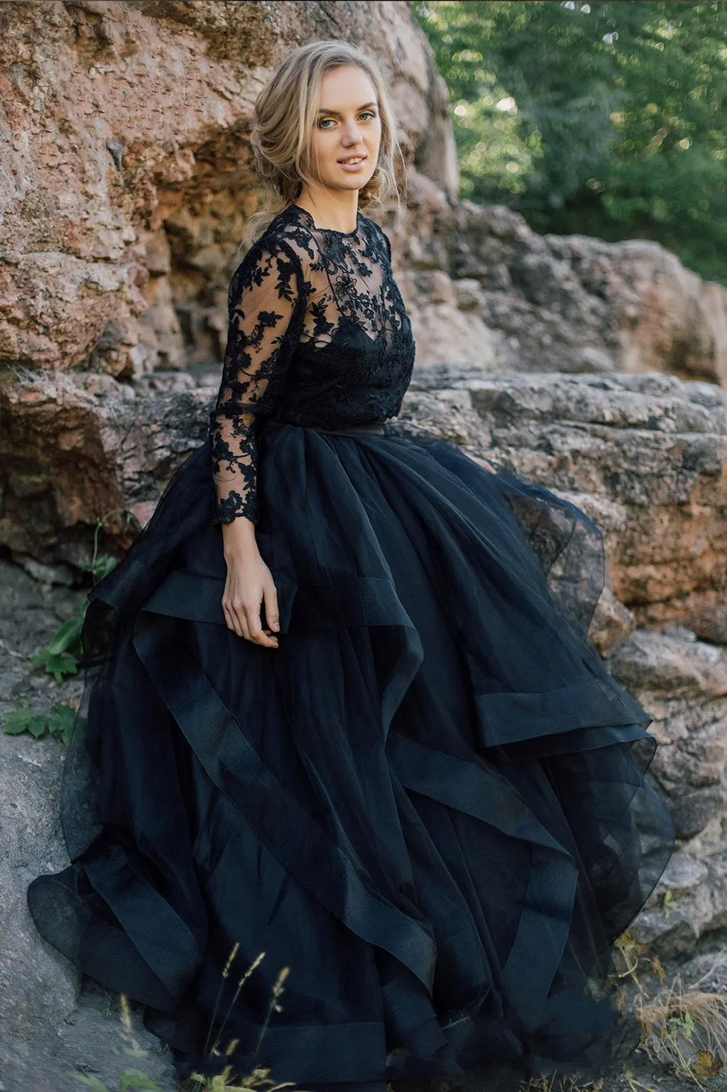 Unique Black Bateau Long Sleeves Ruffles A Line Wedding Dress Appliques Lace