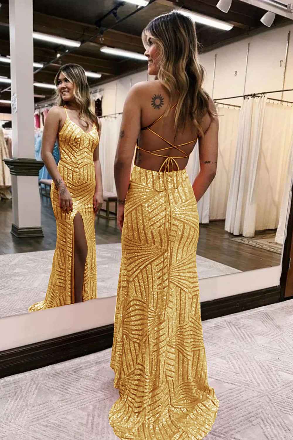 Orange Sequins Sheath Prom Dress With Spaghetti Straps And Criss Cross Back