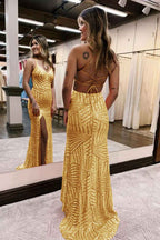 Orange Sequins Sheath Prom Dress With Spaghetti Straps And Criss Cross Back