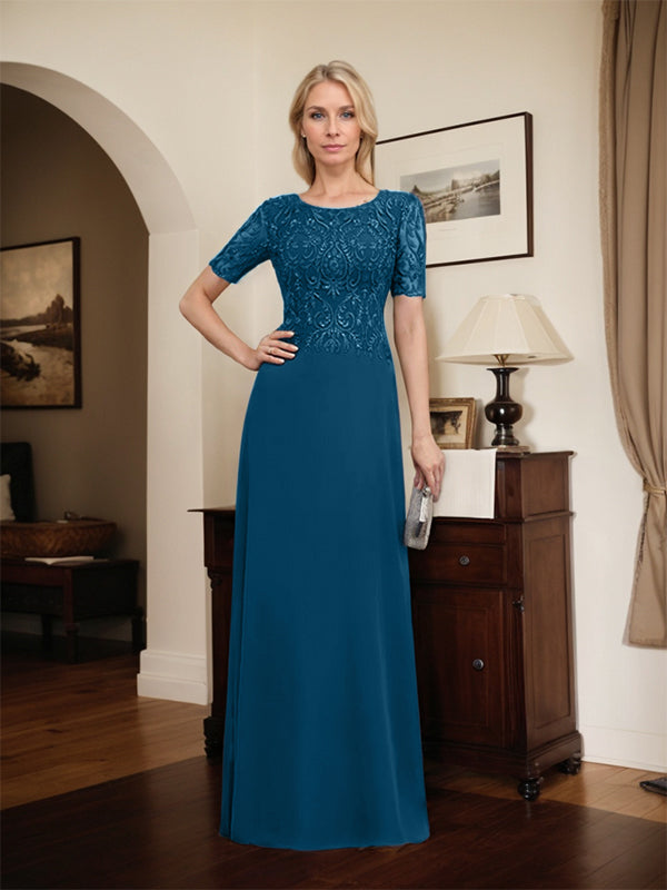 Robe de mère de la mariée en dentelle et mousseline, longueur au sol, en ligne A, décolleté en U, ornée de paillettes