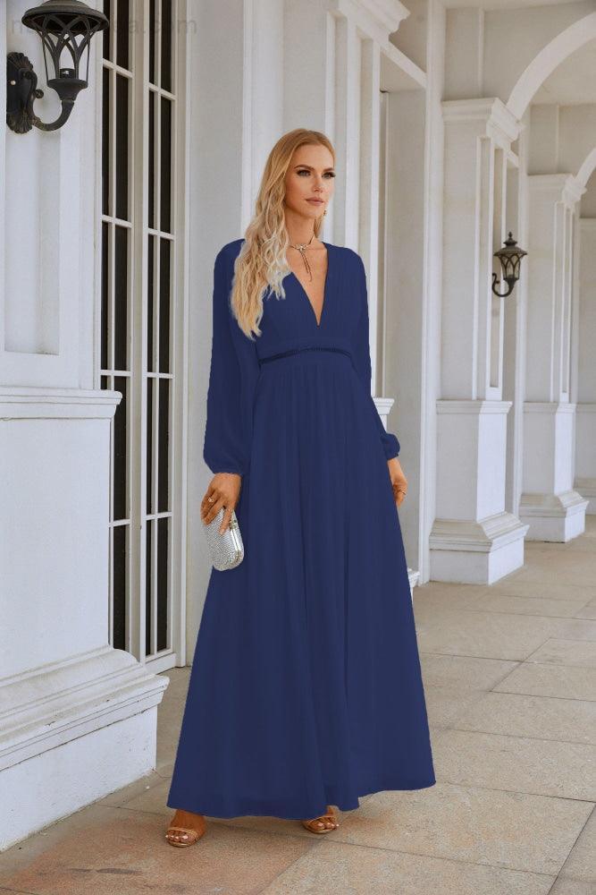 فستان سهرة نسائي بياقة على شكل حرف V من الشيفون بأكمام طويلة وشق أمامي، فستان وصيفة عروس لحفلات الزفاف والتسوق 28109