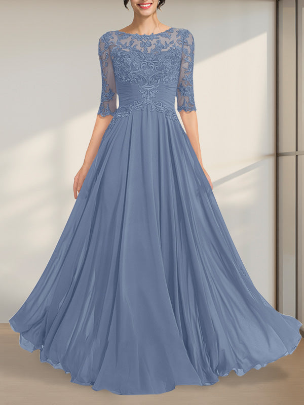 Robe de mère de la mariée en dentelle de mousseline longueur au sol, ligne A, décolleté illusion en forme de cuvette avec sequins plissés