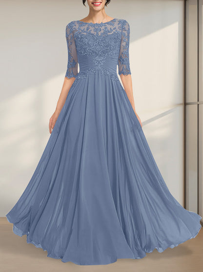 A-Linie, U-Ausschnitt, Illusion, bodenlanges Chiffon-Spitzenkleid für die Brautmutter mit plissierten Pailletten